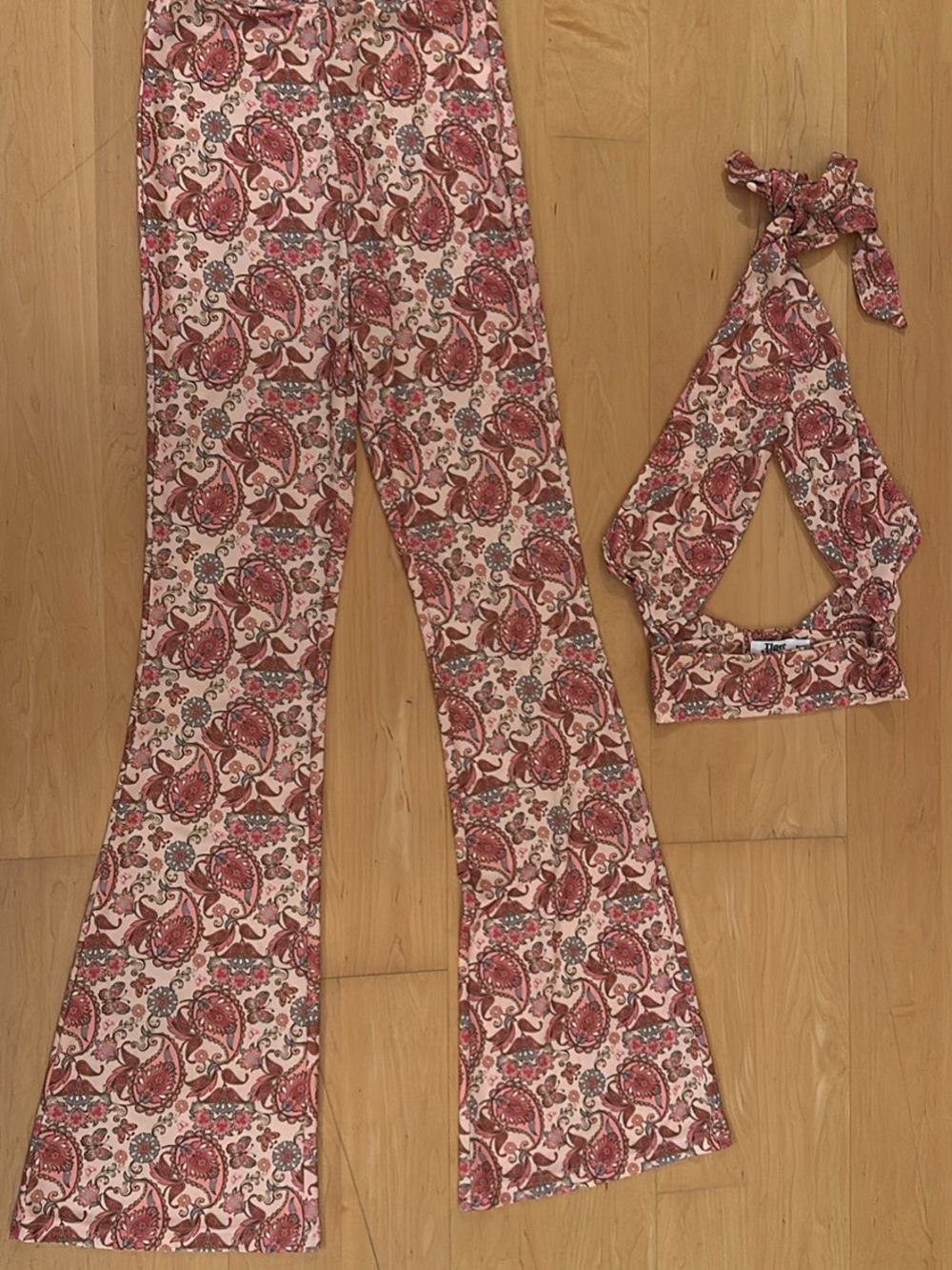 Tiger Mist Pink Paisley Butterfly Flared Pants with Matching Halter Top